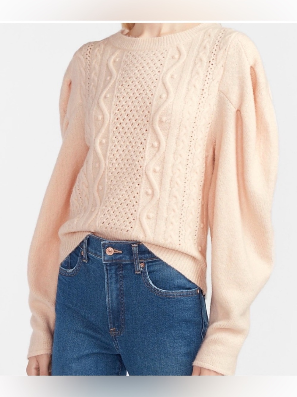 Express Women's Cable Knit Puff Sleeve Sweater Blush Pink